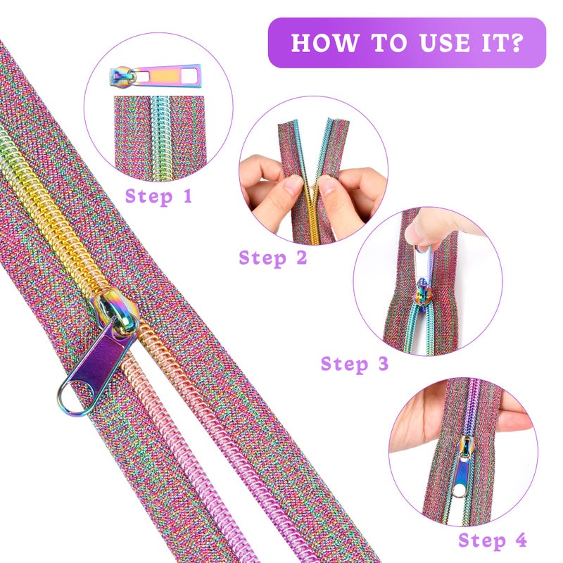 Elesunory #5 Zippers for Sewing, 9.84 Yards Nylon Coil Rainbow Zipper Tape by The Yard with 12Pcs 3 Style of Rainbow Zipper Pull, Heavy Duty Zipper for DIY Tailor Sewing Crafts - Image 4